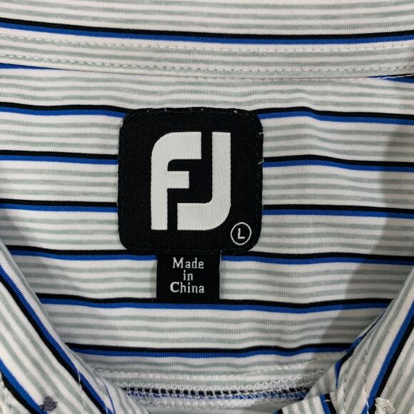 FJ FootJoy Shirt Men L Large Blue Grey Striped Droptail Hem Stretch Golf Polo - Picture 4 of 11